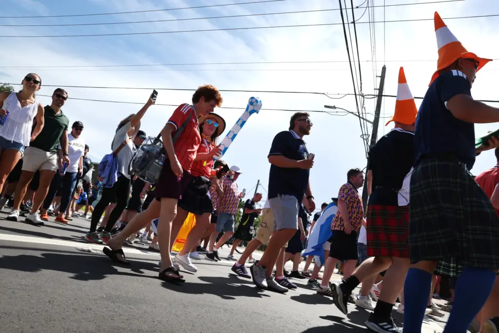 World Cup fans participate in the Scotland Tartan Army march through Little Havana to loanDepot park in Miami on Monday. (Carline Jean/South Florida Sun Sentinel)