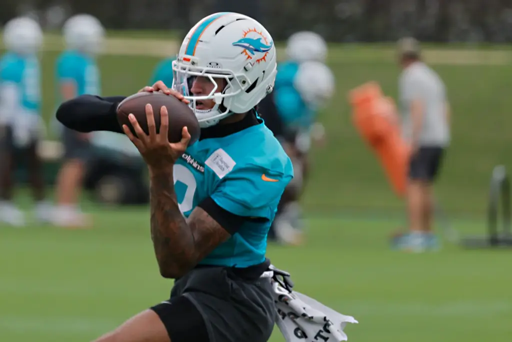 Miami Dolphins cornerback JuJu Brents catches a ball during mandatory...
