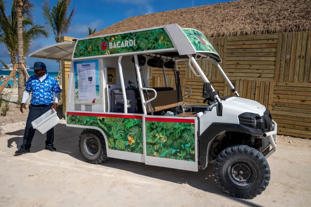 The Bacardi buggy can deliver drinks to the beach at...