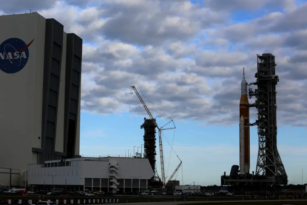 The mobile launcher 2 tower remains under construction adjacent the...