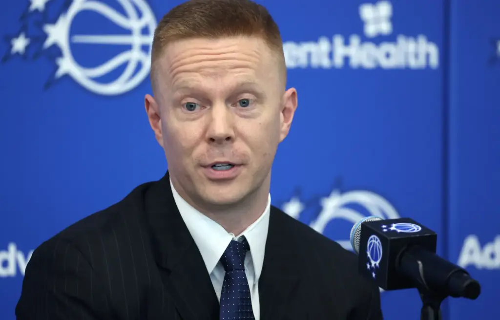 New Orlando Magic head coach Sean Sweeney speaks during a...