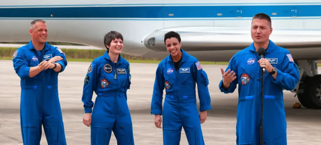 SpaceX Crew-4 astronauts enjoy a light moment while answering questions...