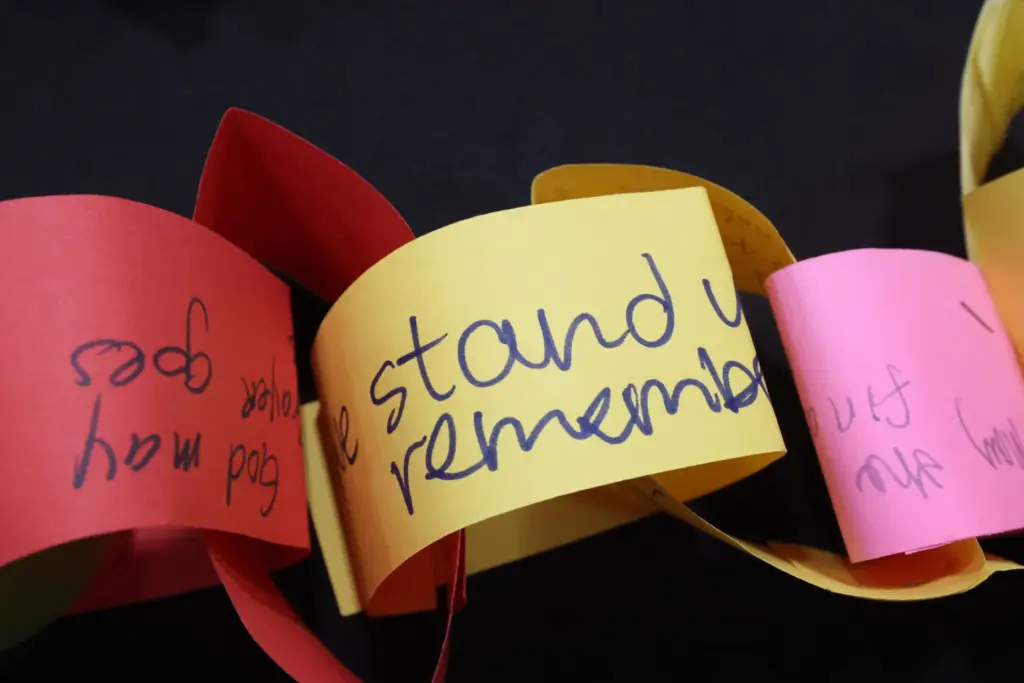 A paper chain with messages is among artifacts and items...