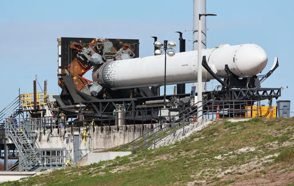 A Terran 1 rocket in the Transporter Erector at Launch...