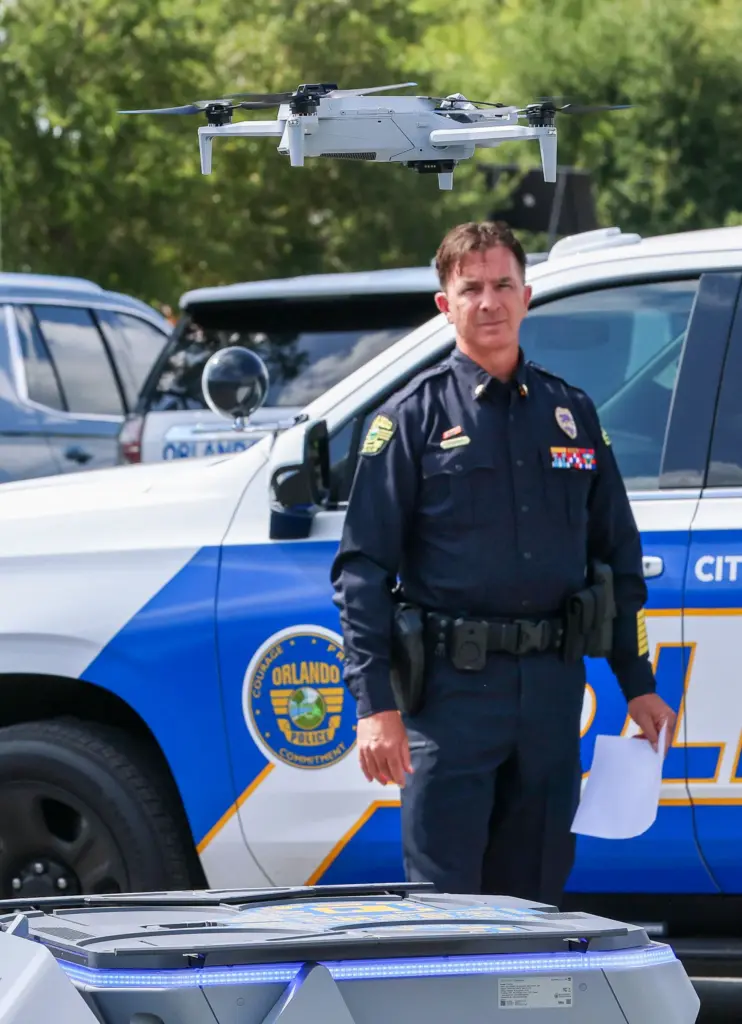 A drone takes flight during a demonstration by Lt. Brian...