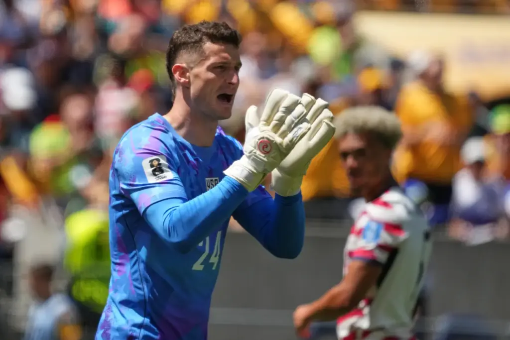 United States goalkeeper Matt Freese (24) reacts during the World...
