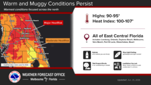 Peak heat indices exceed 100 degrees, excessive rainfall favors coast