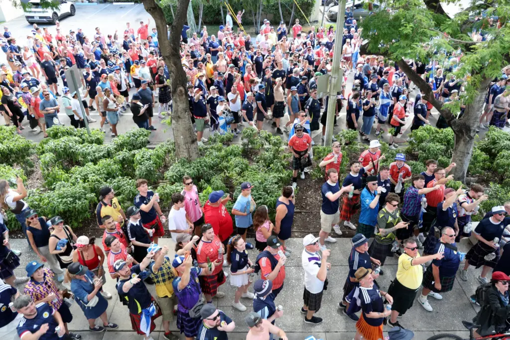World Cup fans arrive at loanDepot park during the Scotland Tartan Army march from Little Havana to loanDepot park in Miami on Monday. (Carline Jean/South Florida Sun Sentinel)