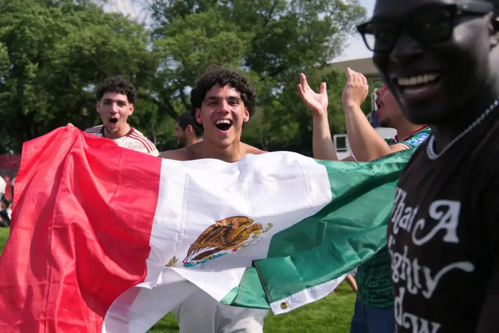 Fans cheer during the first match of the World Cup...