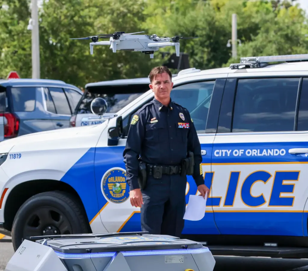 A drone takes flight during a demonstration by Lt. Brian...