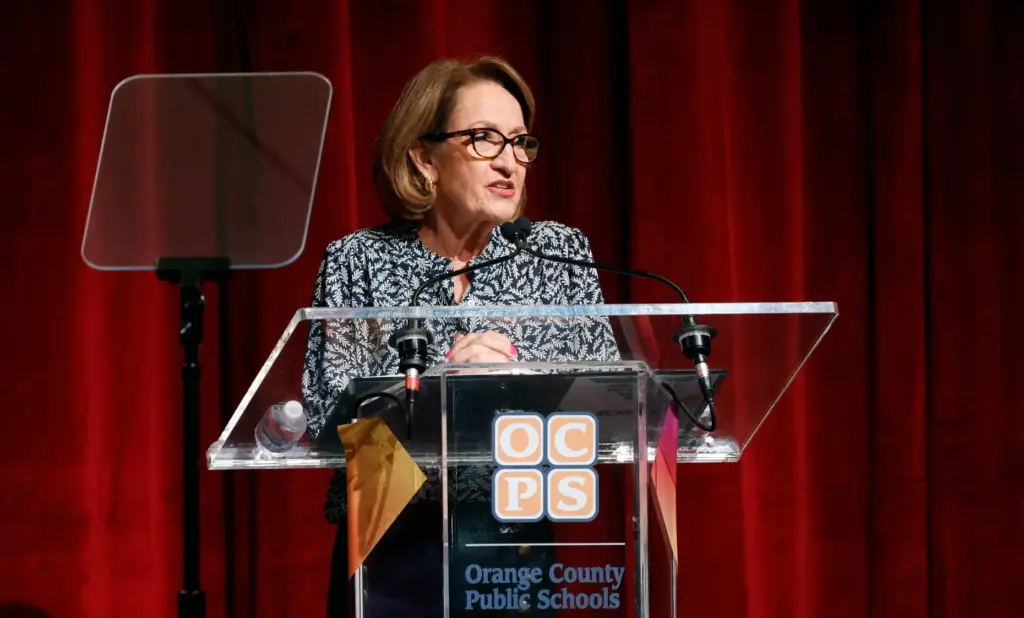 Orange County School Board Chair Teresa Jacobs speaks during the...