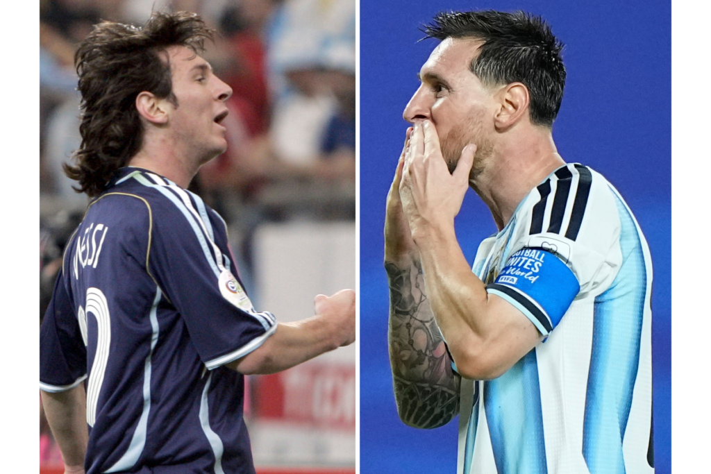 FILE – This photo combination shows Argentina’s Lionel Messi celebrating...