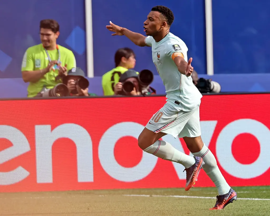 Foxboro, MA – July 9 – France forward Kylian MbappÃ©...