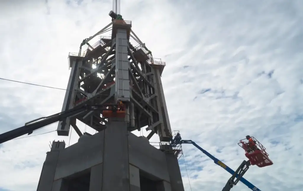 Construction continues on the first of two launch towers at...