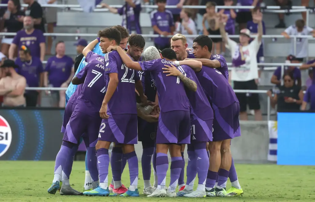 Orlando City players huddle during the Tampa Bay Rowdies at...