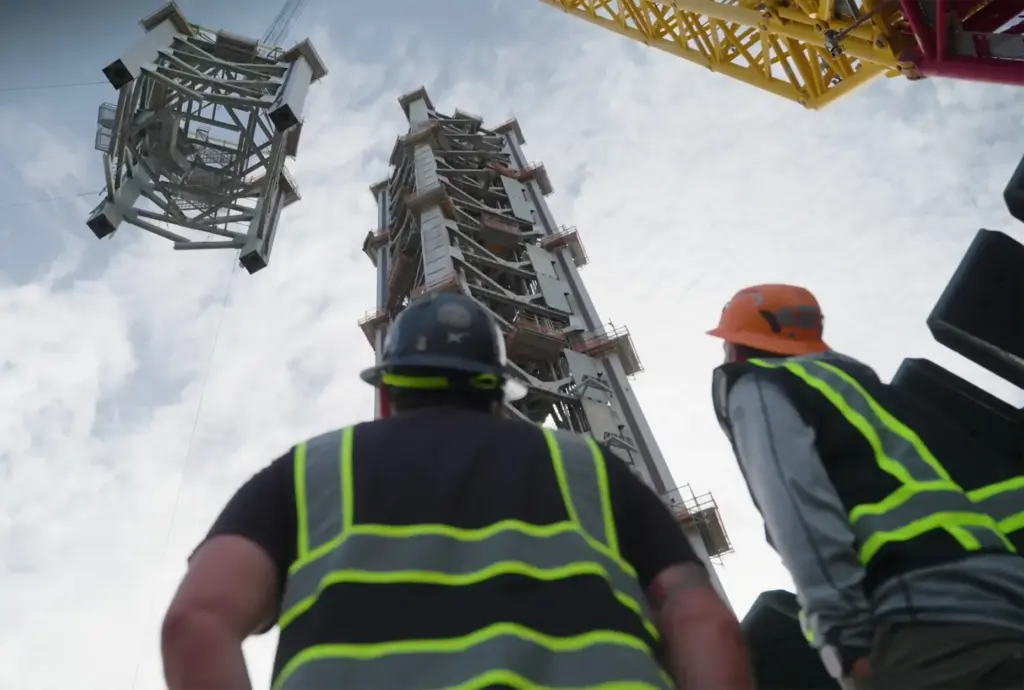 Construction continues on the first of two launch towers at...