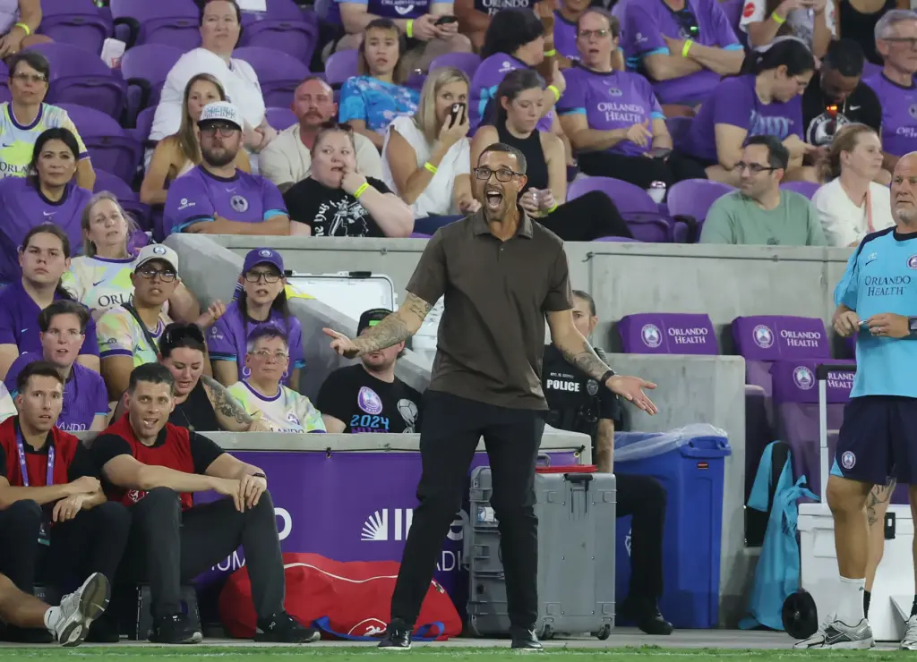 Orlando coach Seb Hines yells during the Chicago Stars at...
