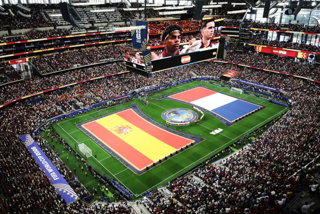 Spanish and French flags are seen on the pitch during...