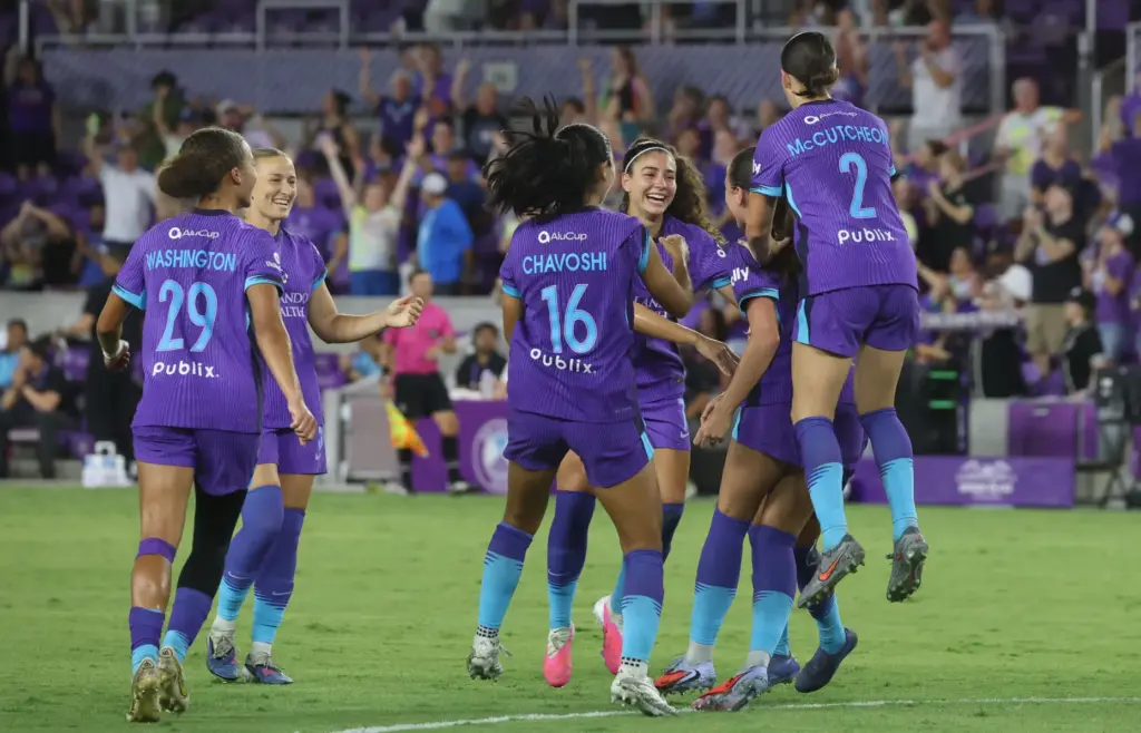 Orlando players celebrate after a goal during the Kansas City...