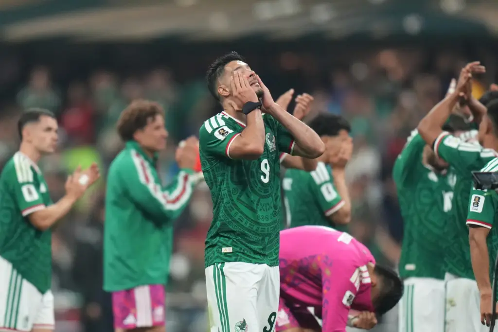 Mexico’s Raul Jimenez reacts at the the end of the...