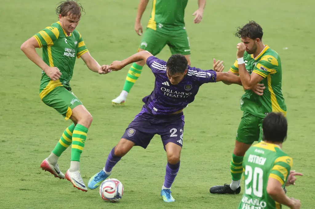 Orlando City player Justin Ellis (22) fights to control the...