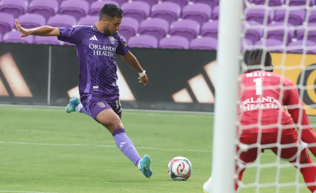 Orlando City player Martin Ojeda kicks at goal during the...