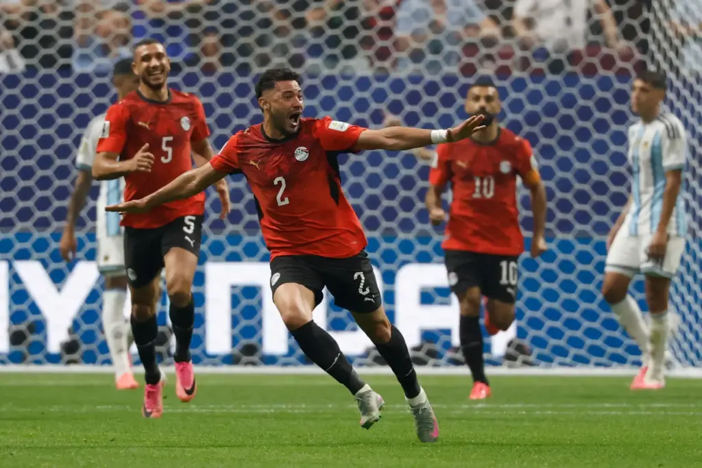 Egypt’s Yasser Ibrahim (2) celebrates scoring his side’s opening opening...