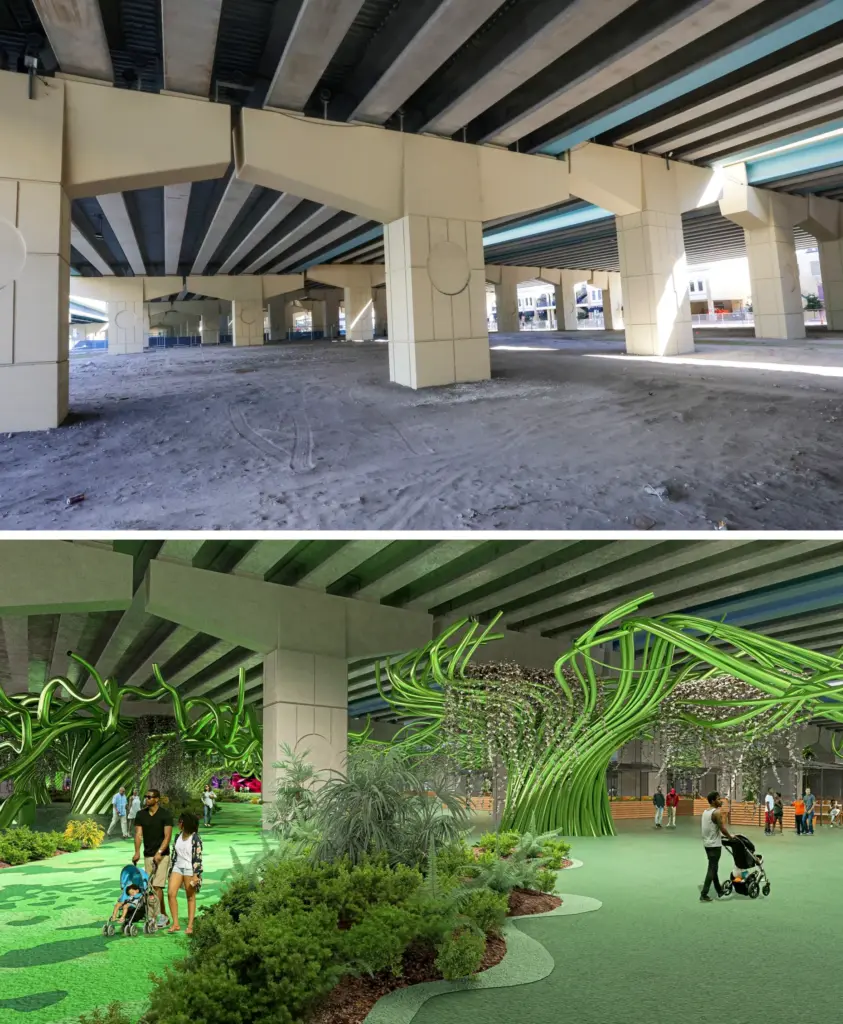 On top, a view of the planned Canopy Park space...