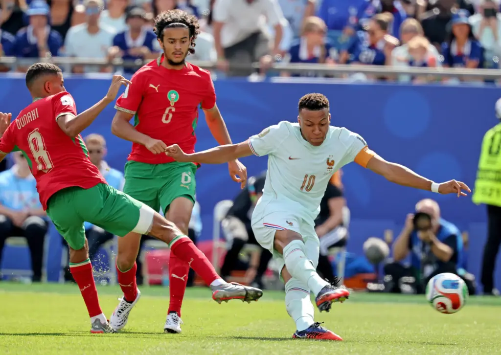 Foxboro, MA – July 9 – France forward Kylian MbappÃ©...