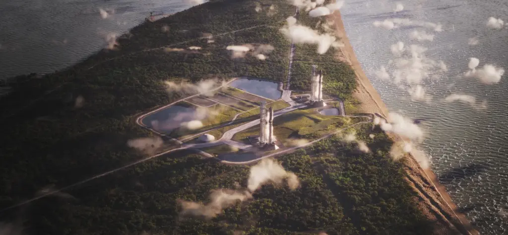 This rendering shows future Starship launch pads at Cape Canaveral...