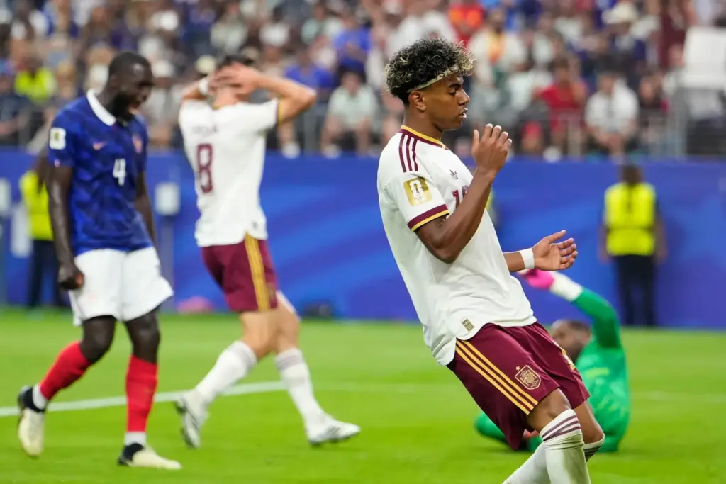 Spain’s Lamine Yamal (19) reacts during the World Cup semifinal...
