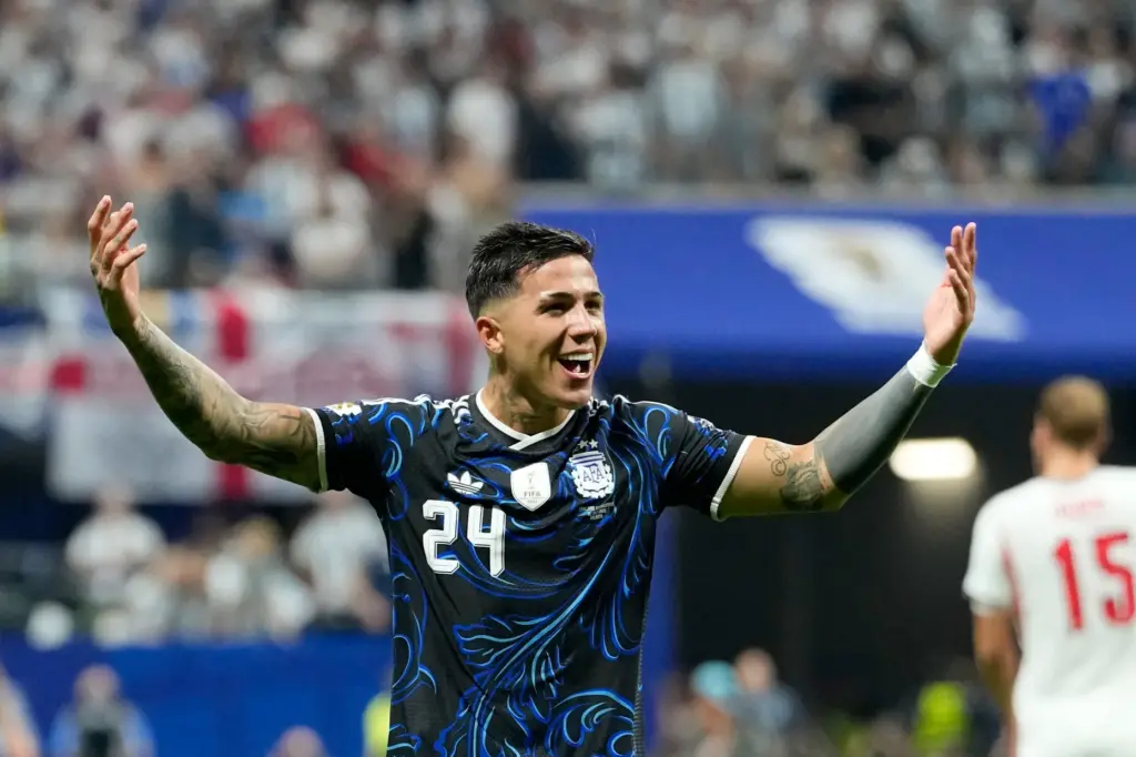 Argentina’s Enzo Fernandez celebrates after scoring his side’s first goal...