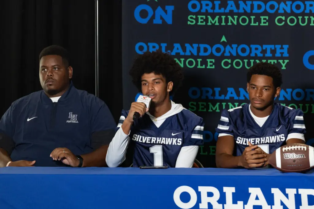 Quarterback Brycen Marbrey from Lake Howell High School answers questions...