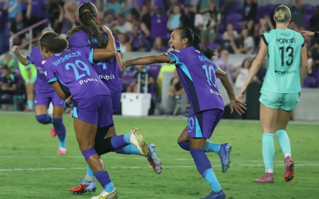 Orlando player Marta celebrates after a goal during the Kansas...