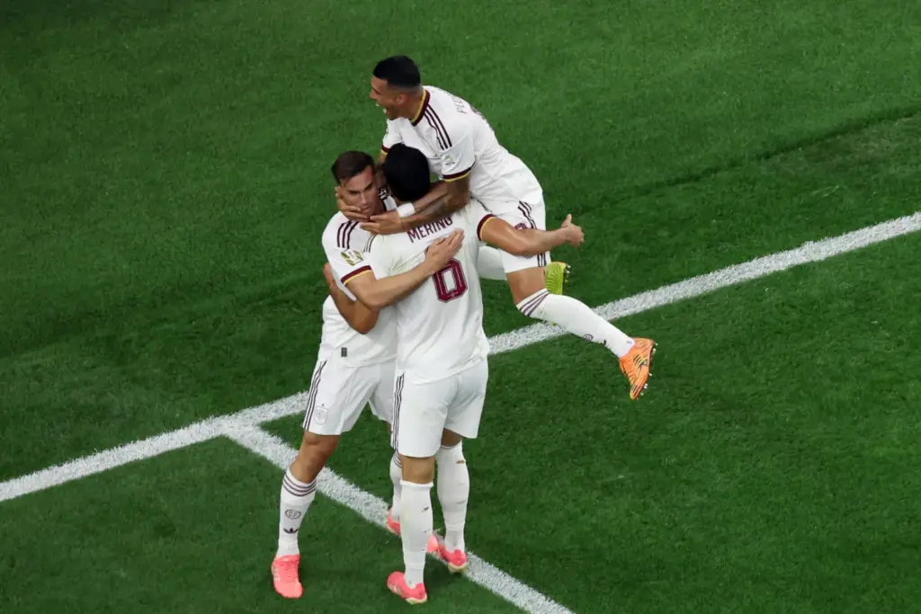 Spain’s Mikel Merino (6) celebrates scoring their first goal during...