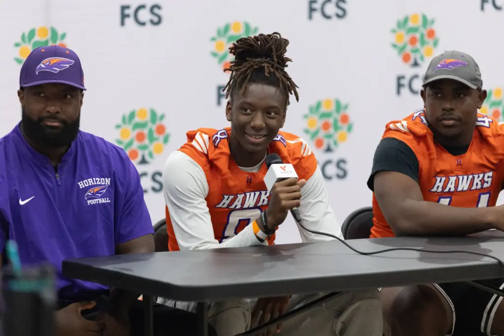 Player from Horizon High School answers interview questions during varsity...