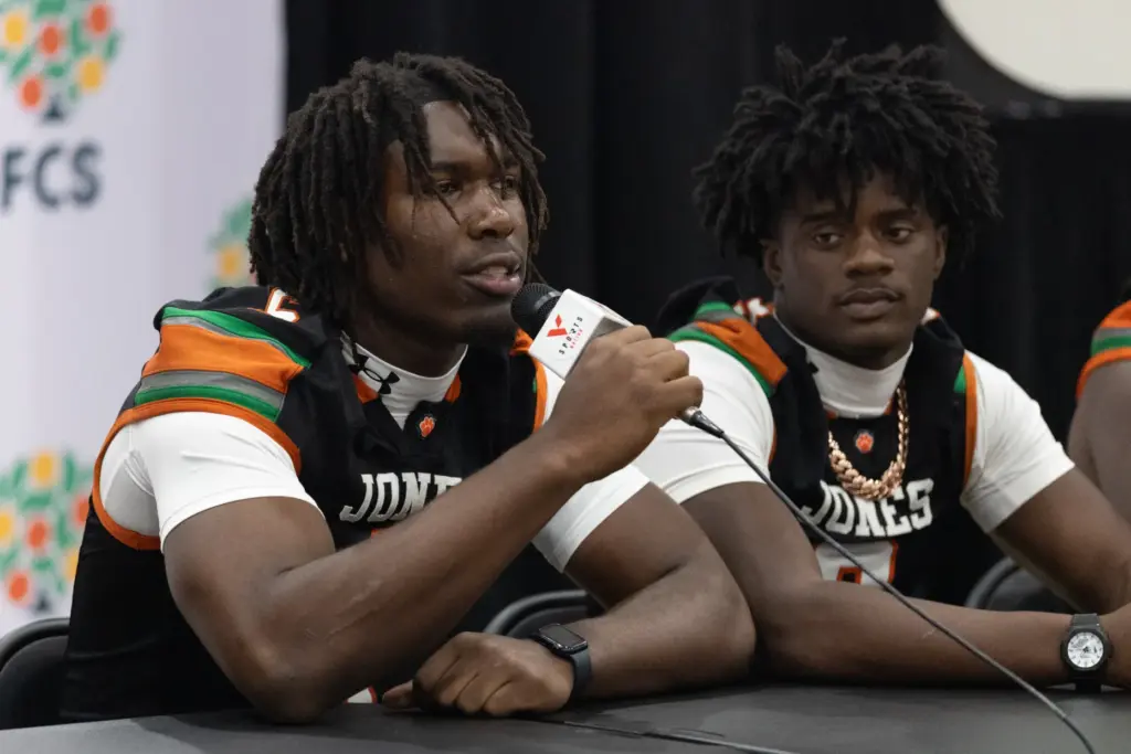 Player from Jones High School answers interview questions during varsity...