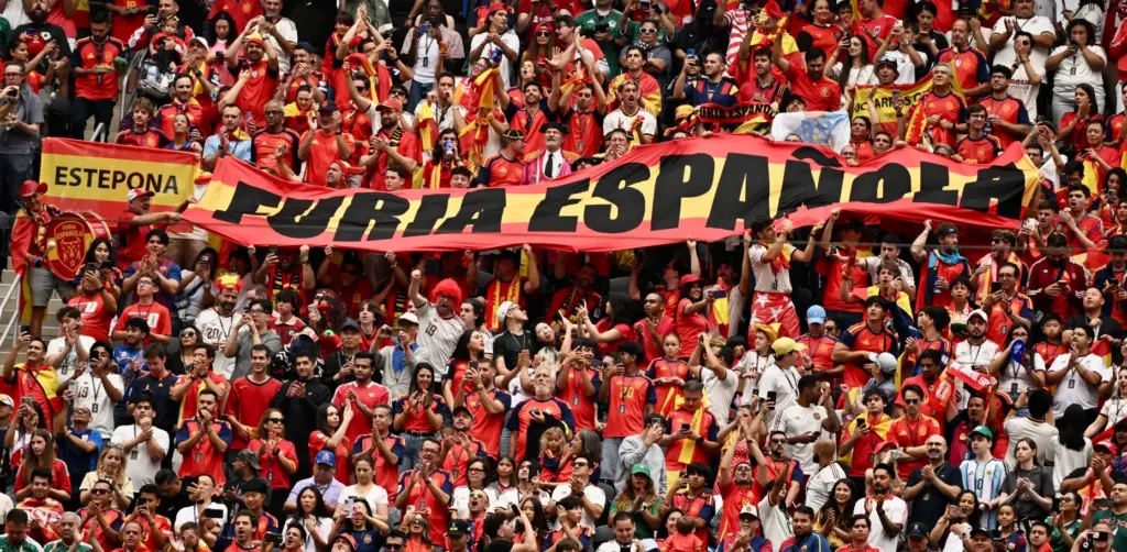 Spain fan waves a giant banner prior to a FIFA...
