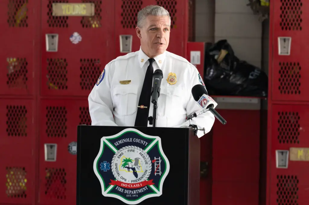 Seminole County Fire Chief Matt Kinley speaks during the ceremony...