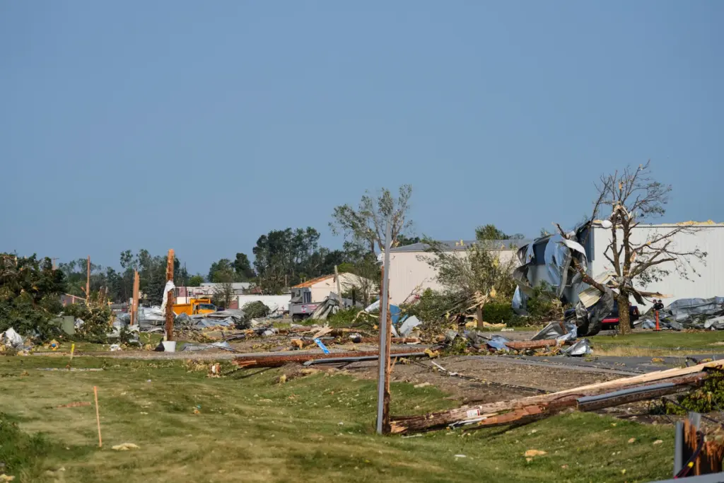 Debris and fallen trees cover the ground after a tornado...