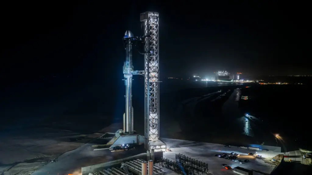 SpaceX's Starship and Super Heavy is stacked ahead of a...