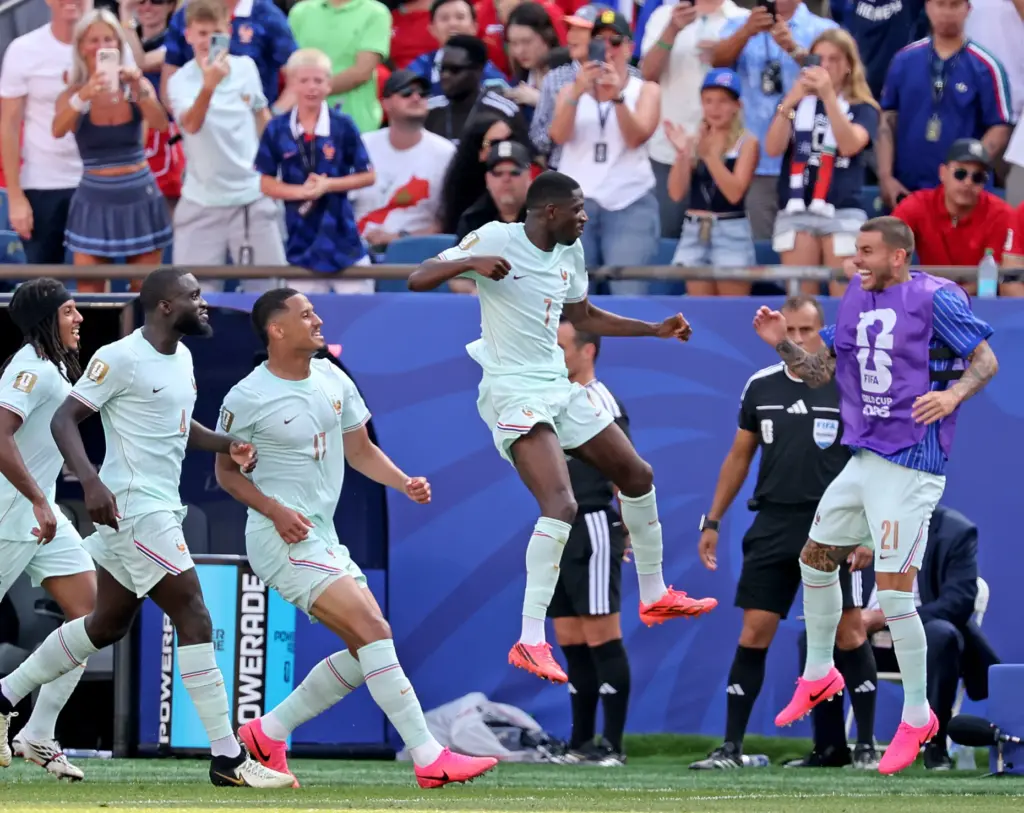 Foxboro, MA – July 9 – France celebrates forward Ousmane...
