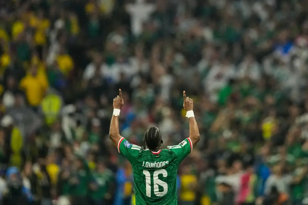Mexico’s Julian Quinones (16) celebrates after scoring his team’s first...