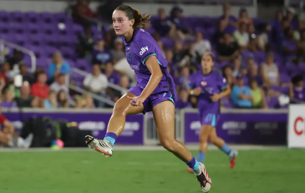 Orlando player Ally Lemos kicks at goal during the Chicago...