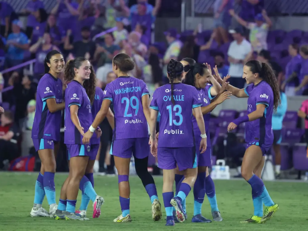 Orlando players celebrate after a goal during the Kansas City...