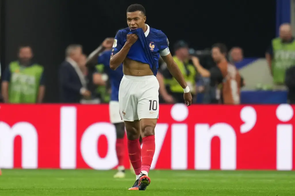 France’s Kylian Mbappe (10) reacts after Spain’s Mikel Oyarzabal (21)...