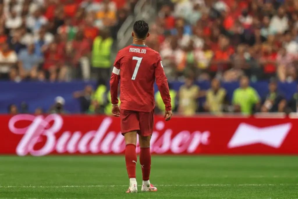 Portugal’s Cristiano Ronaldo (7) stands during the World Cup round...