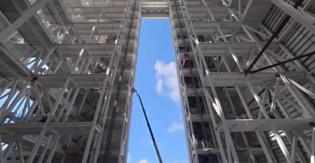 Construction continues on the Gigabay structure at SpaceX's Kennedy Space...