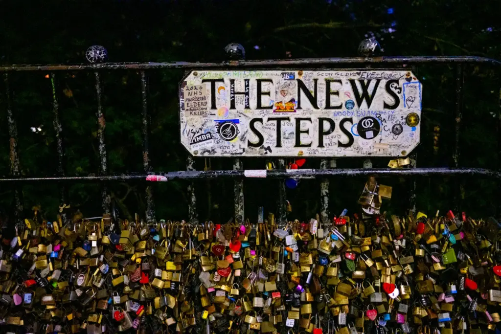 The News Steps are one way down from the Royal...