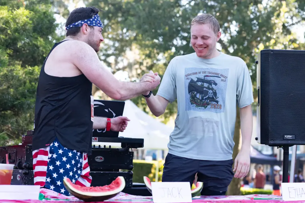 Jack, left, congratulates Ethan on first place of the watermelon...